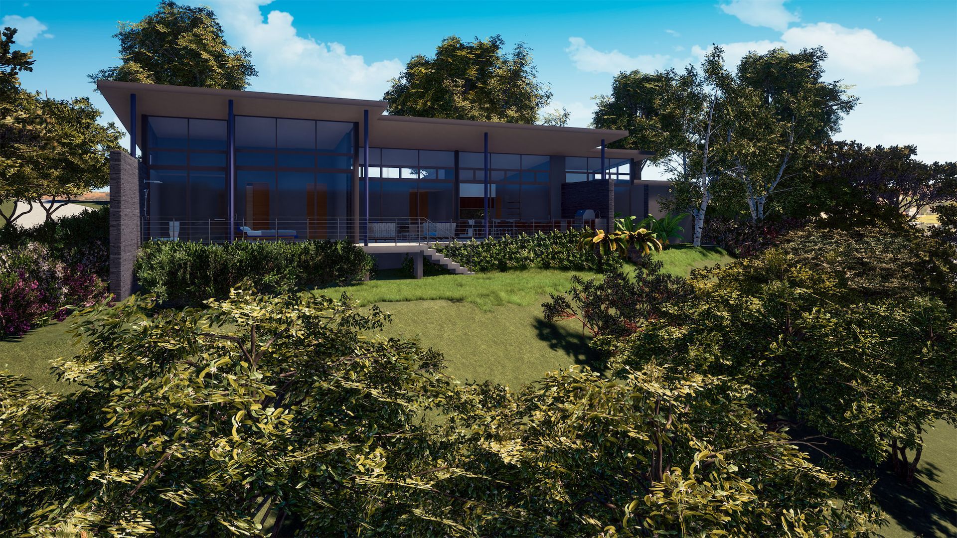 an artist 's impression of a modern house surrounded by trees .