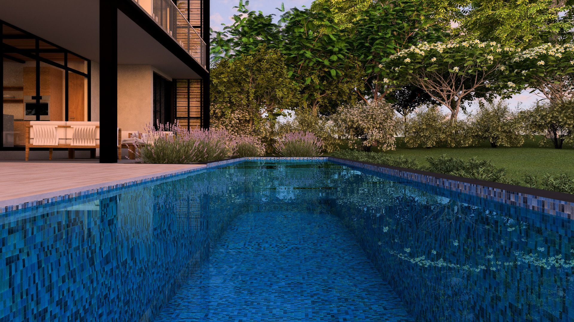 there is a large swimming pool in the backyard of a house .