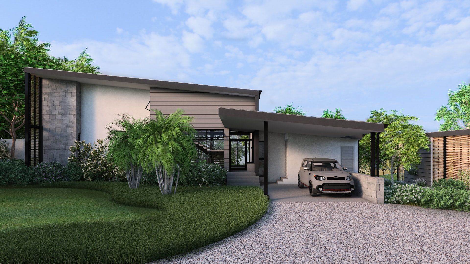 a car is parked in a driveway in front of a house