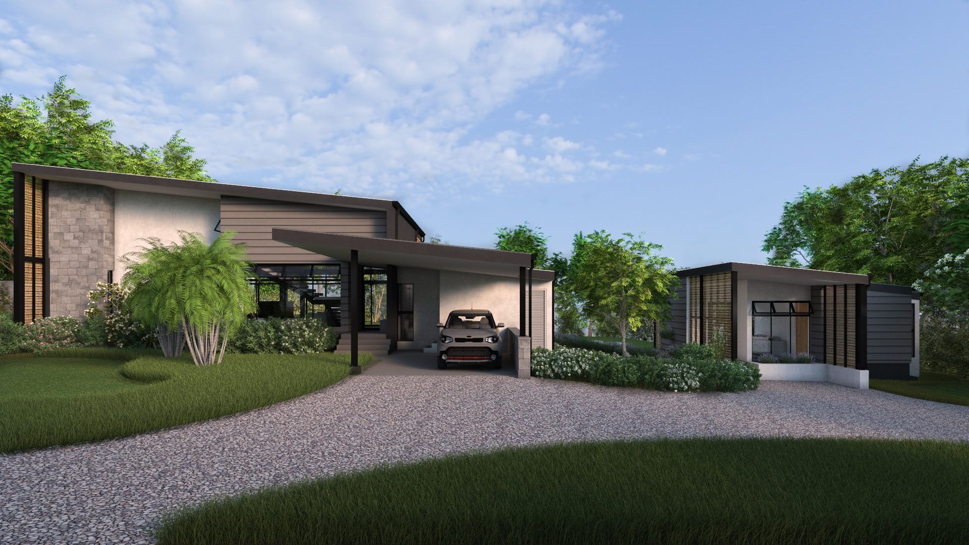 an artist 's impression of a house with a car parked in front of it .