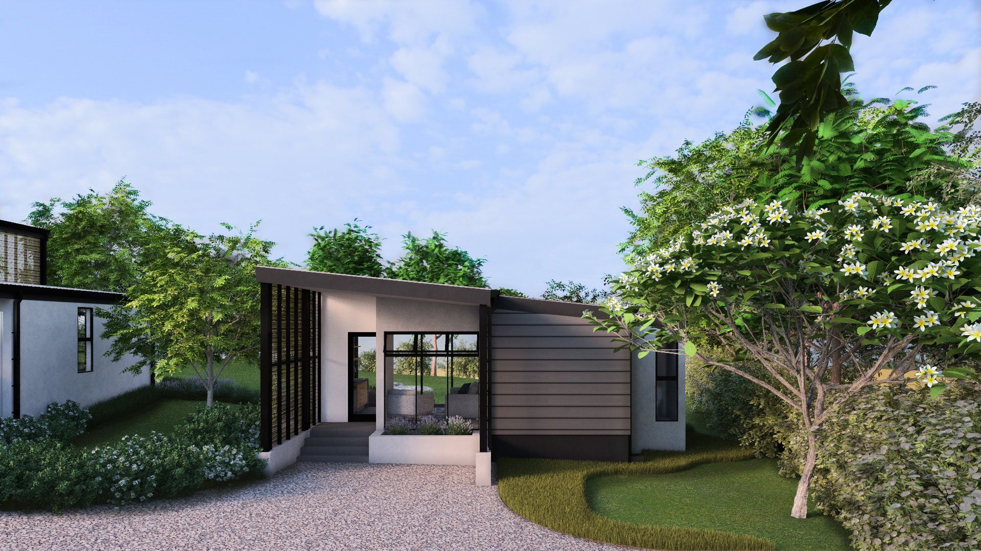 an artist 's impression of a house with trees in front of it
