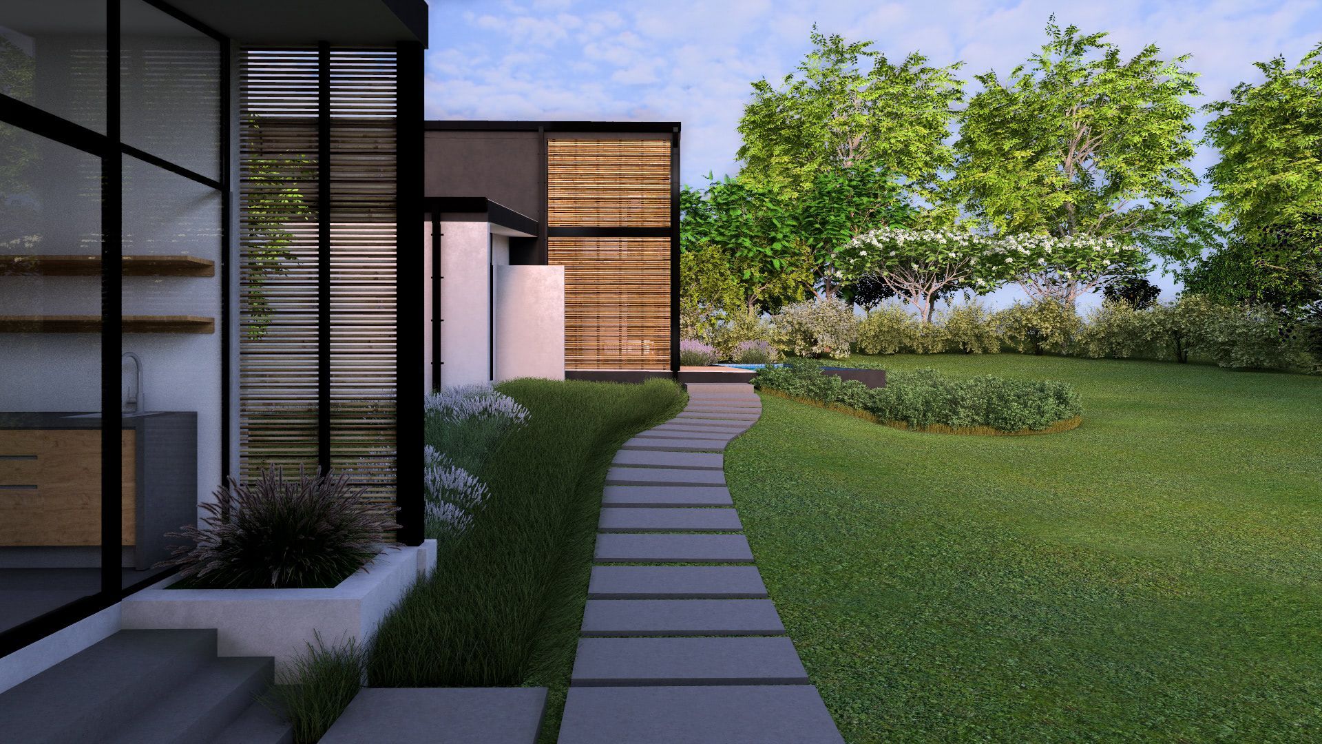 an artist 's impression of a modern house with a walkway leading to it .