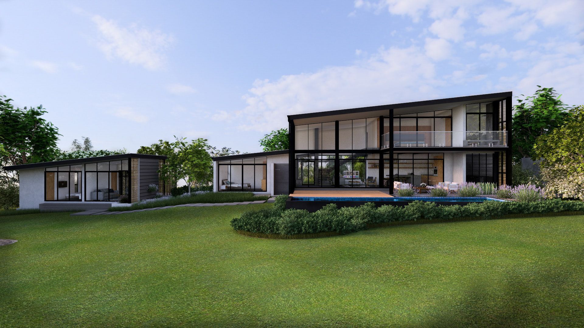 an artist 's impression of a modern house with a large lawn in front of it .