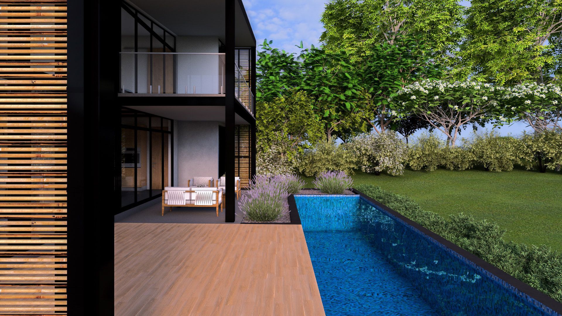 an artist 's impression of a house with a swimming pool in the backyard .
