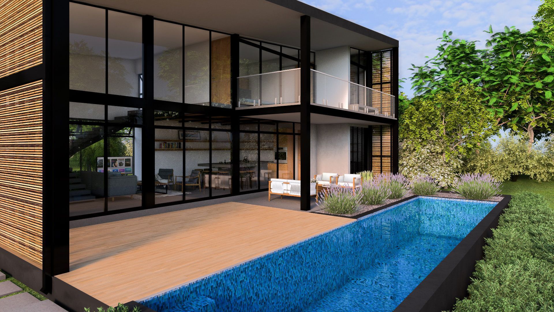 an artist 's impression of a house with a swimming pool