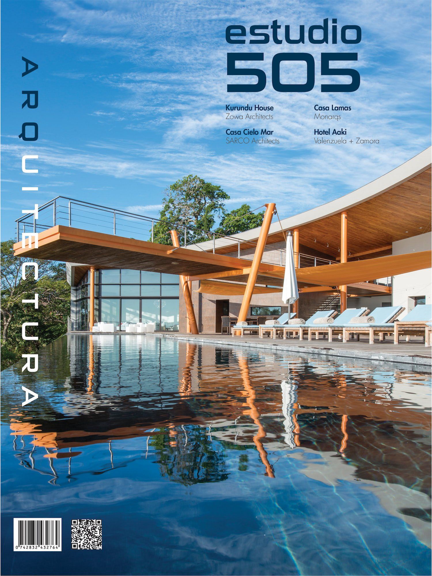 the cover of the magazine estudio 505 shows a house with a swimming pool in front of it .