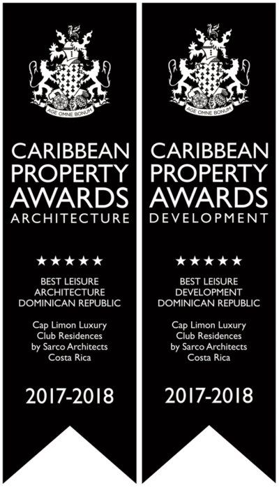 a couple of banners that say caribbean property awards architecture development .