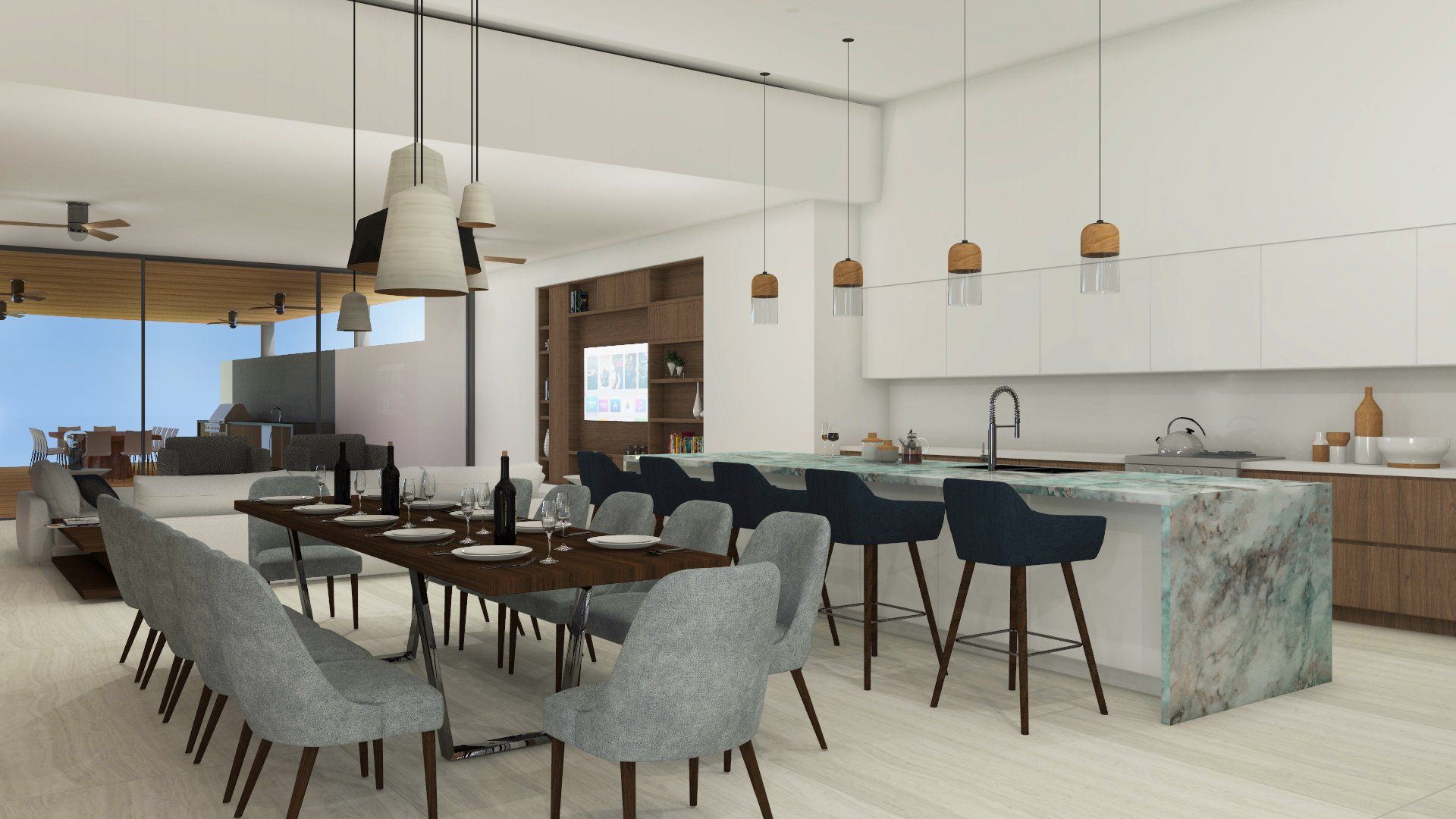 an artist 's impression of a dining room and kitchen in a house