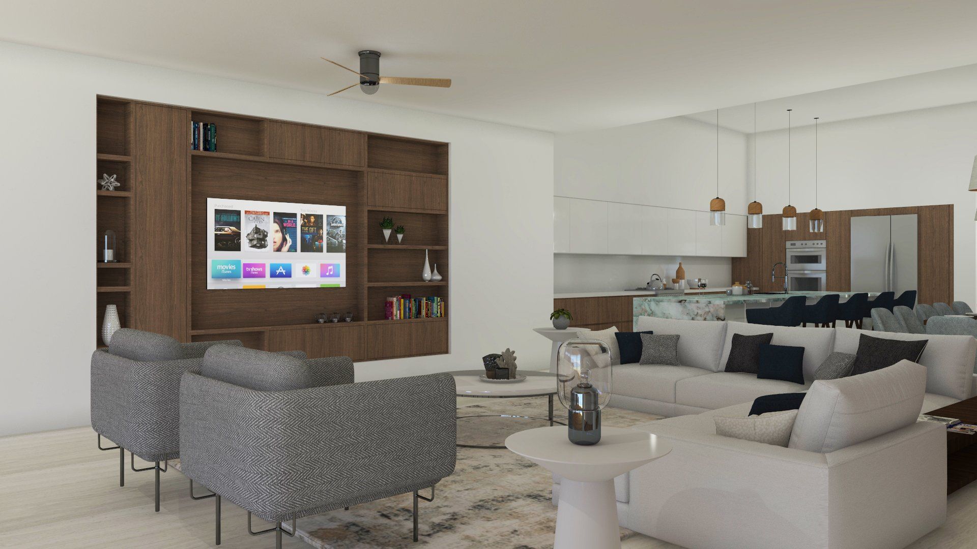 a living room with a couch , chairs , and a flat screen tv .