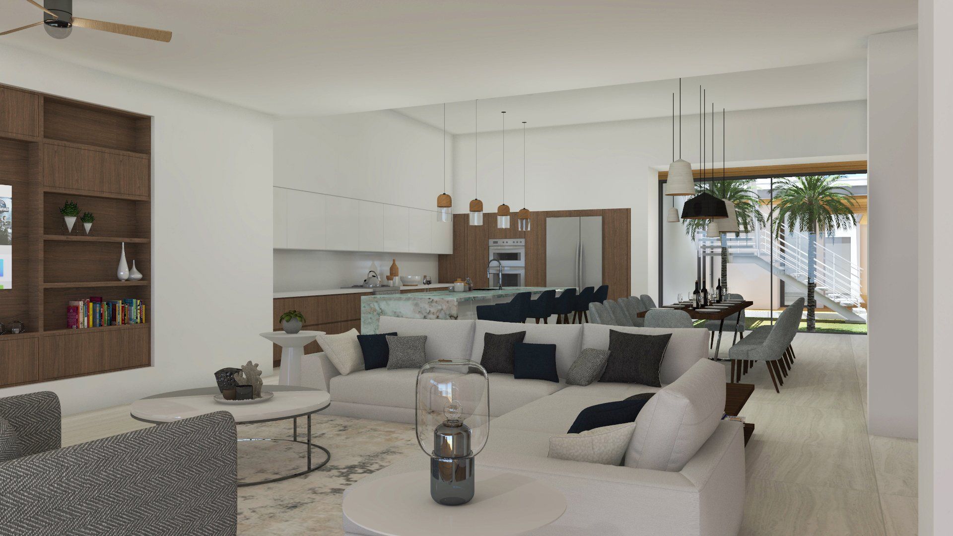 an artist 's impression of a living room and dining room in a house .