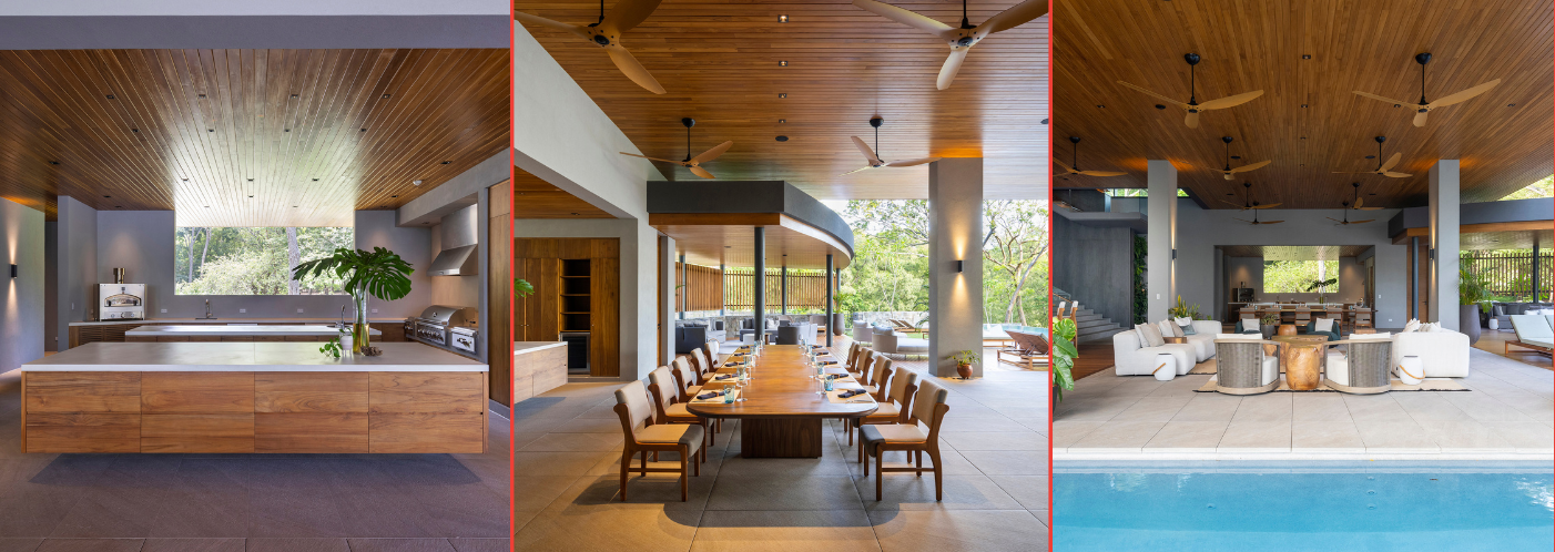 A collage of three pictures of a house with a table and chairs and a swimming pool. Sarco Luxury Home in Costa Rica