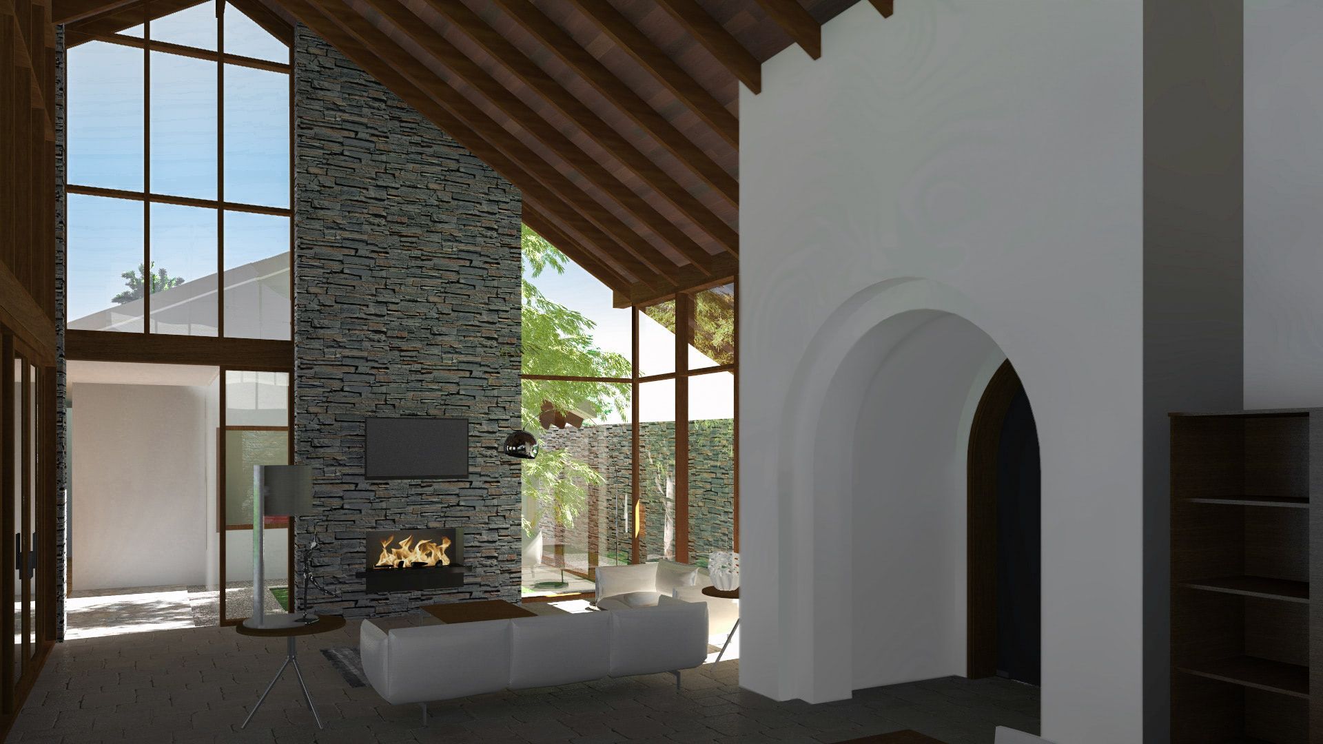 a living room with a fireplace and lots of windows