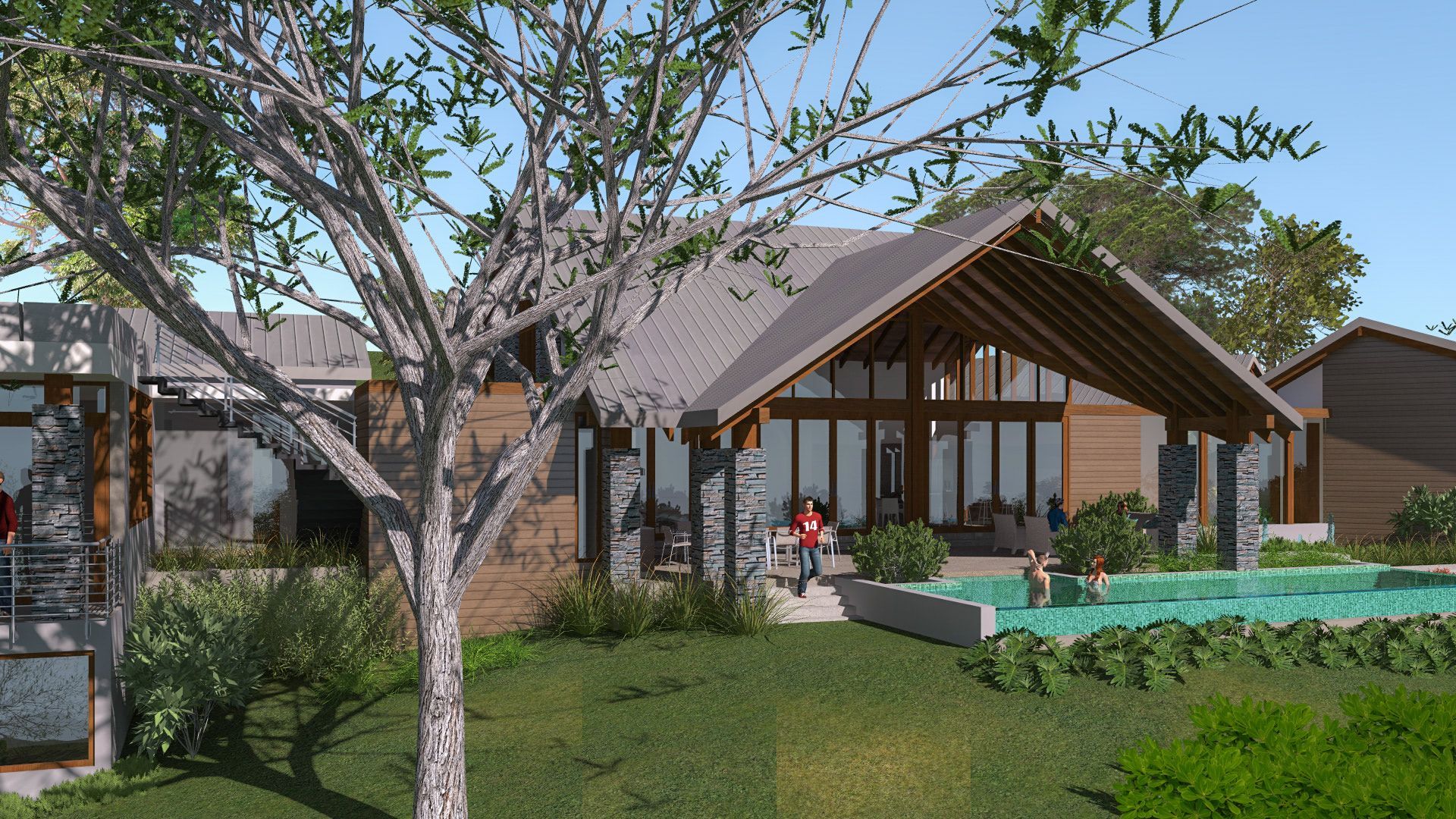 an artist 's impression of a house with a pool in the backyard .