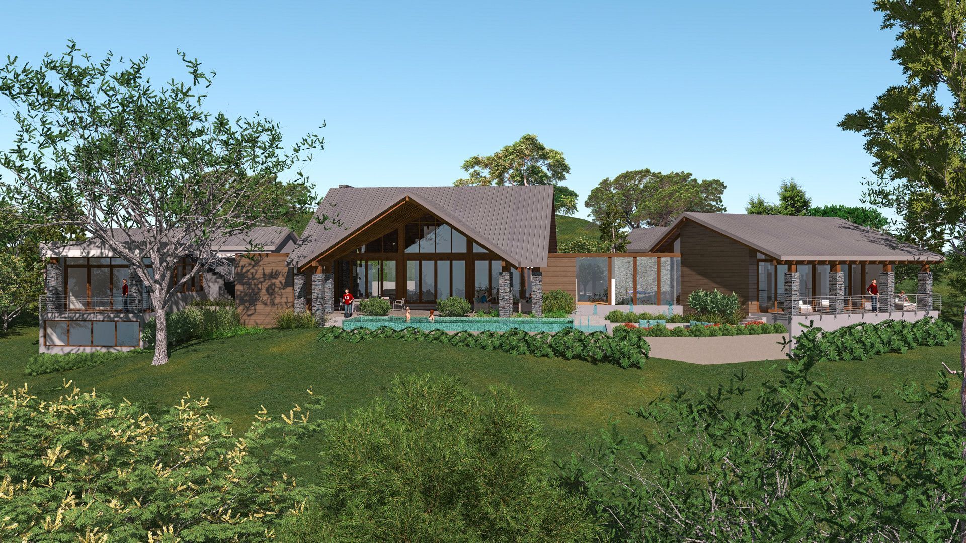 an artist 's impression of a house with a pool in the backyard
