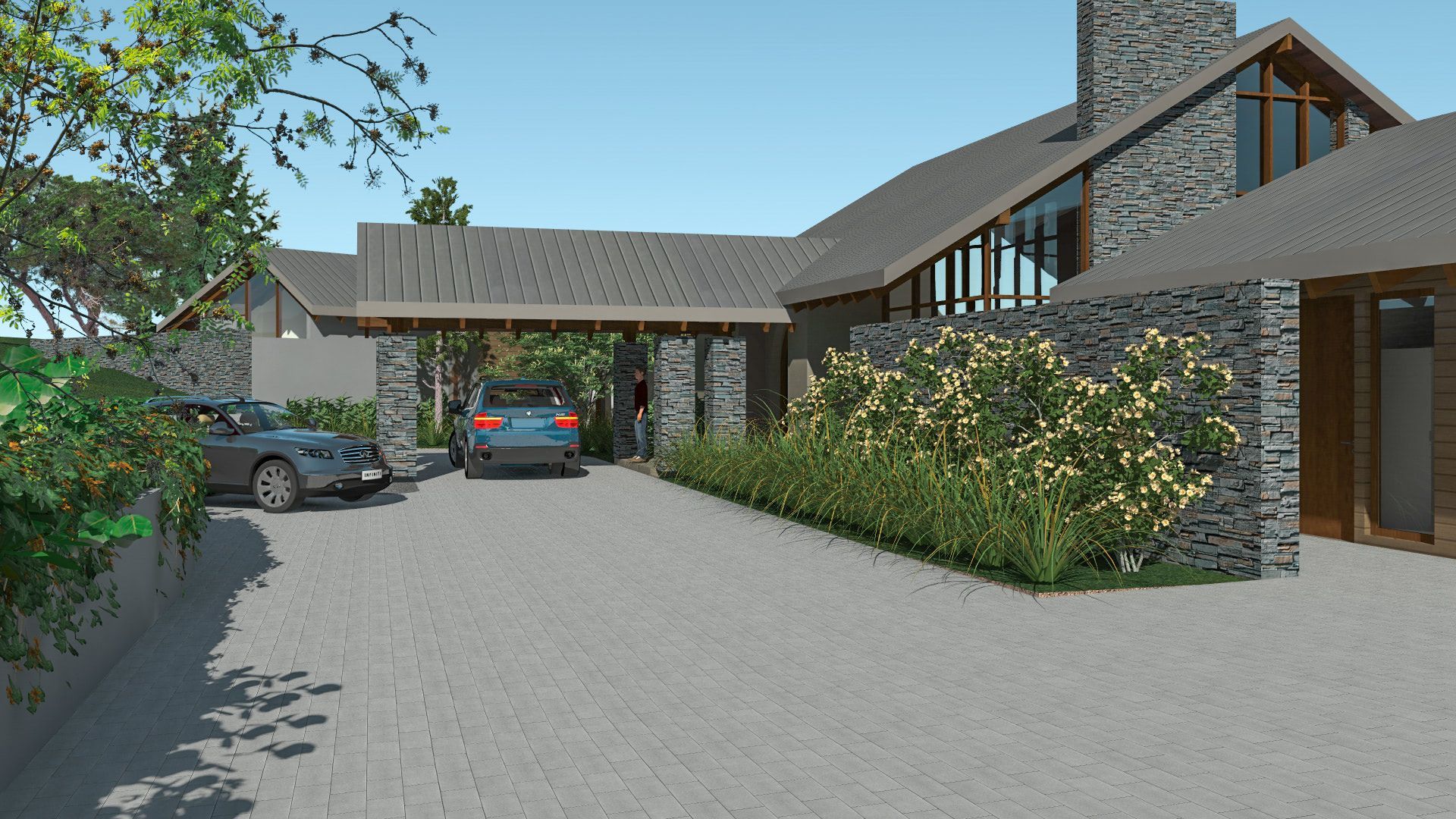 an artist 's impression of a house with cars parked in front of it