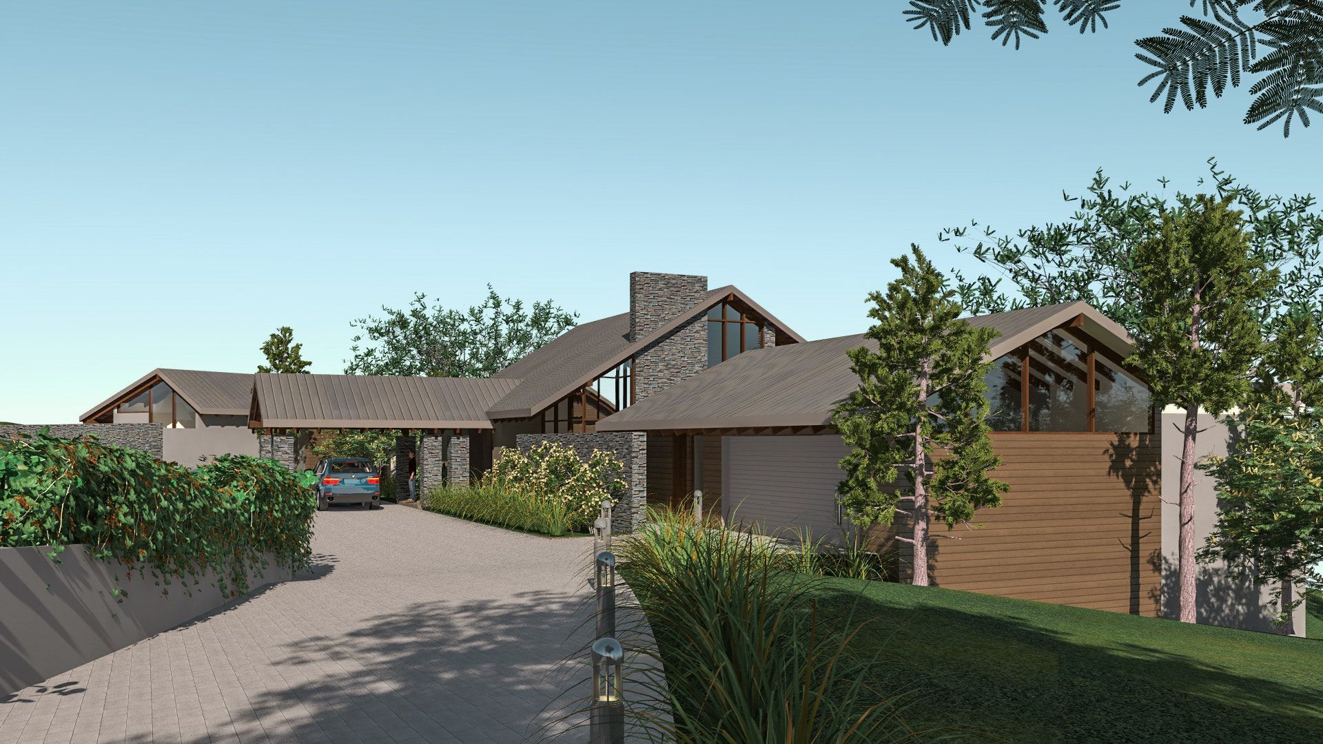 an artist 's impression of a house with a car parked in front of it