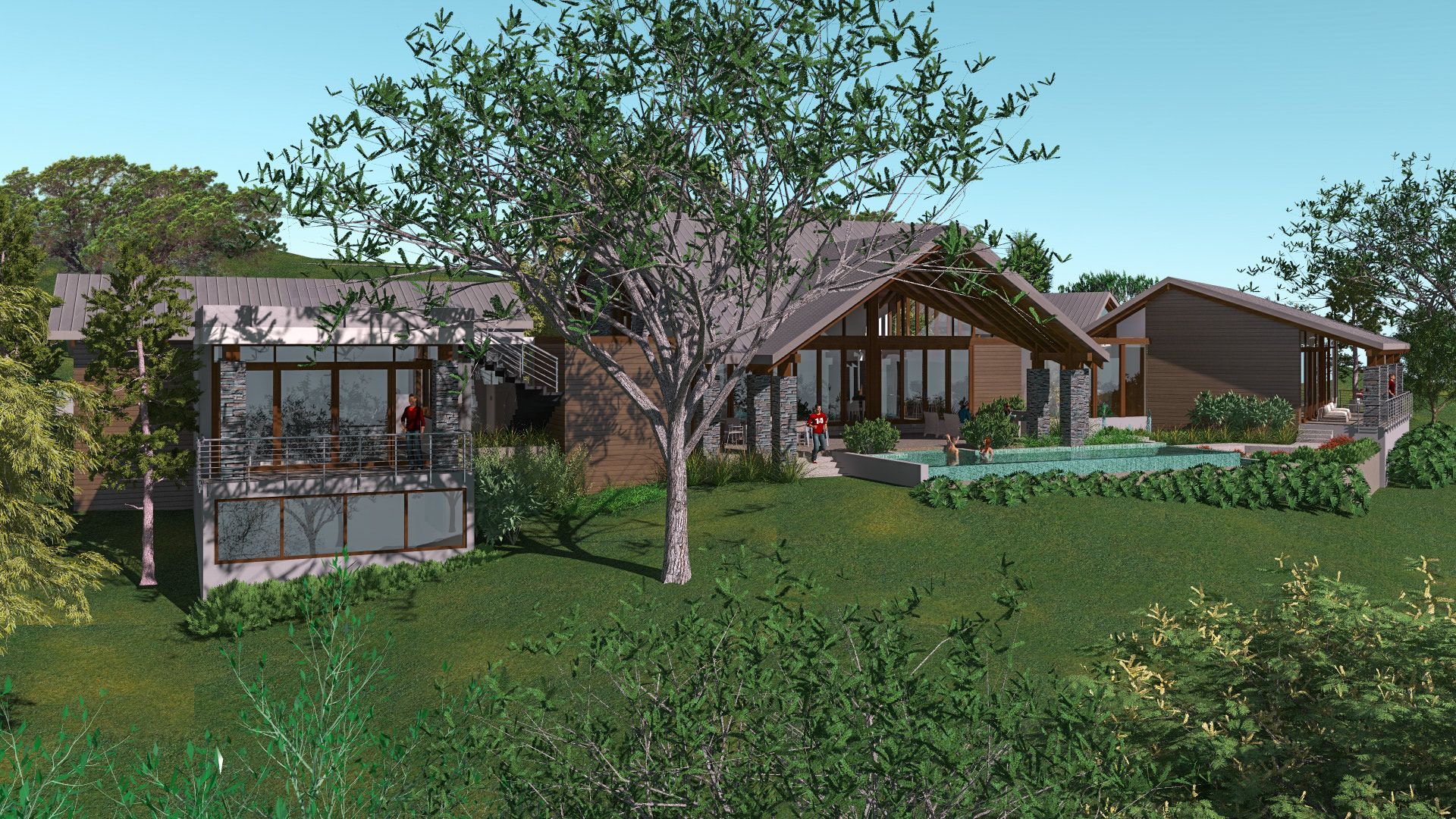 an artist 's impression of a house with a pool in the backyard .