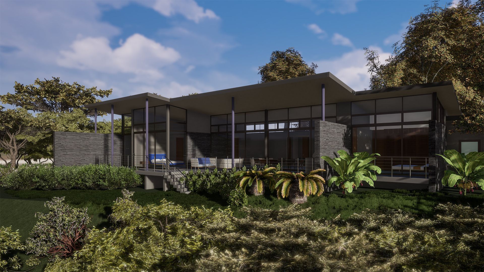 an artist 's impression of a modern house surrounded by trees