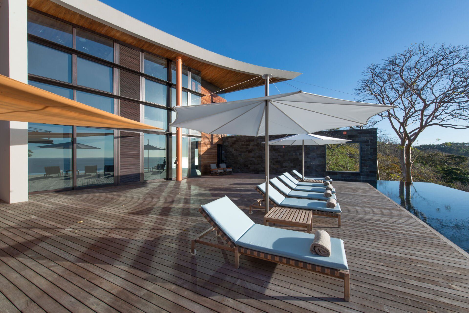a row of lounge chairs and umbrellas on a wooden deck