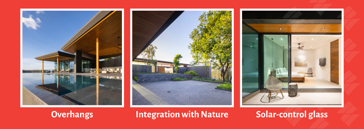 A picture of a house with a pool and a picture of a house with a solar control plan.