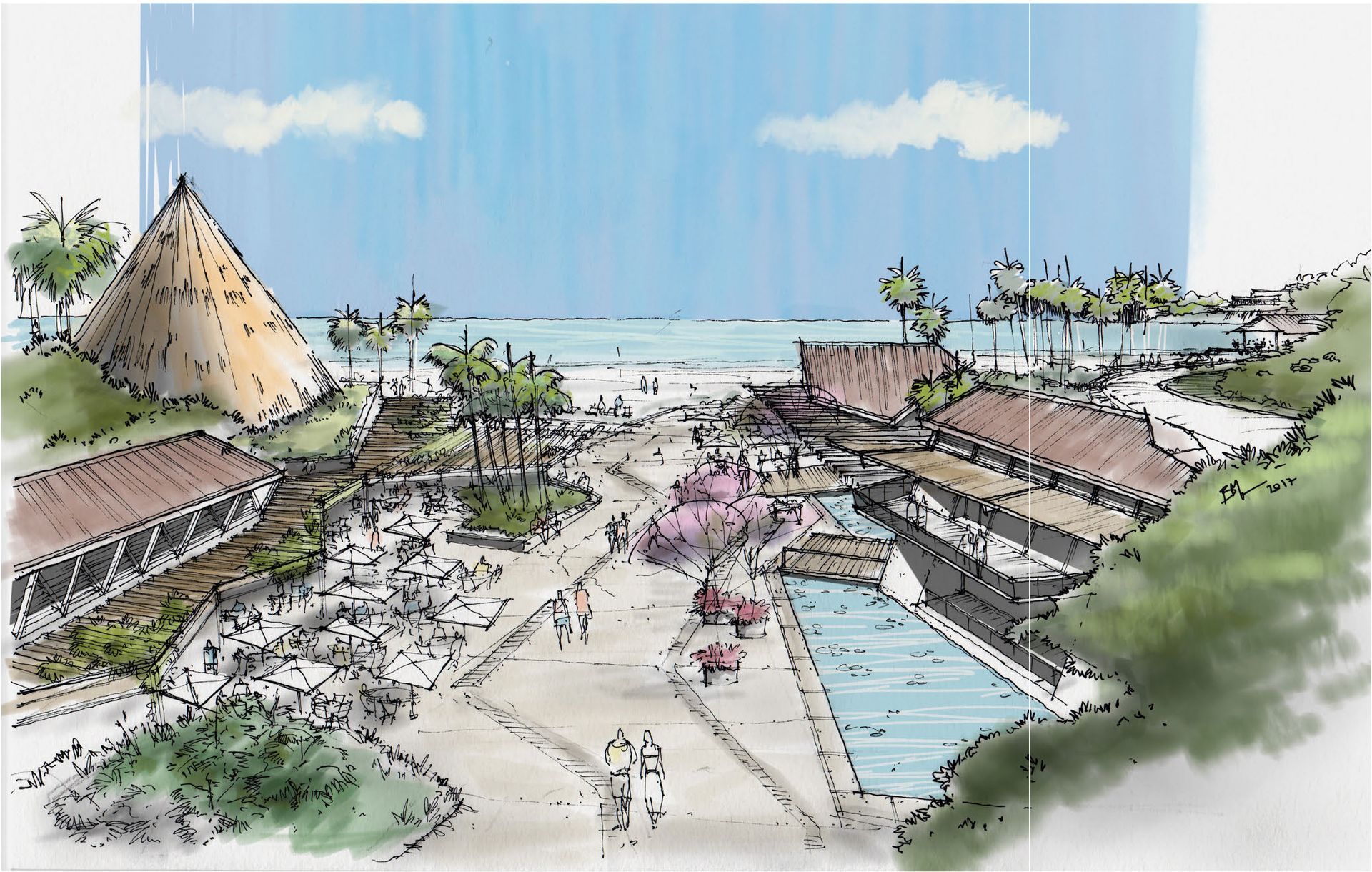 a drawing of a beach with a pyramid in the background