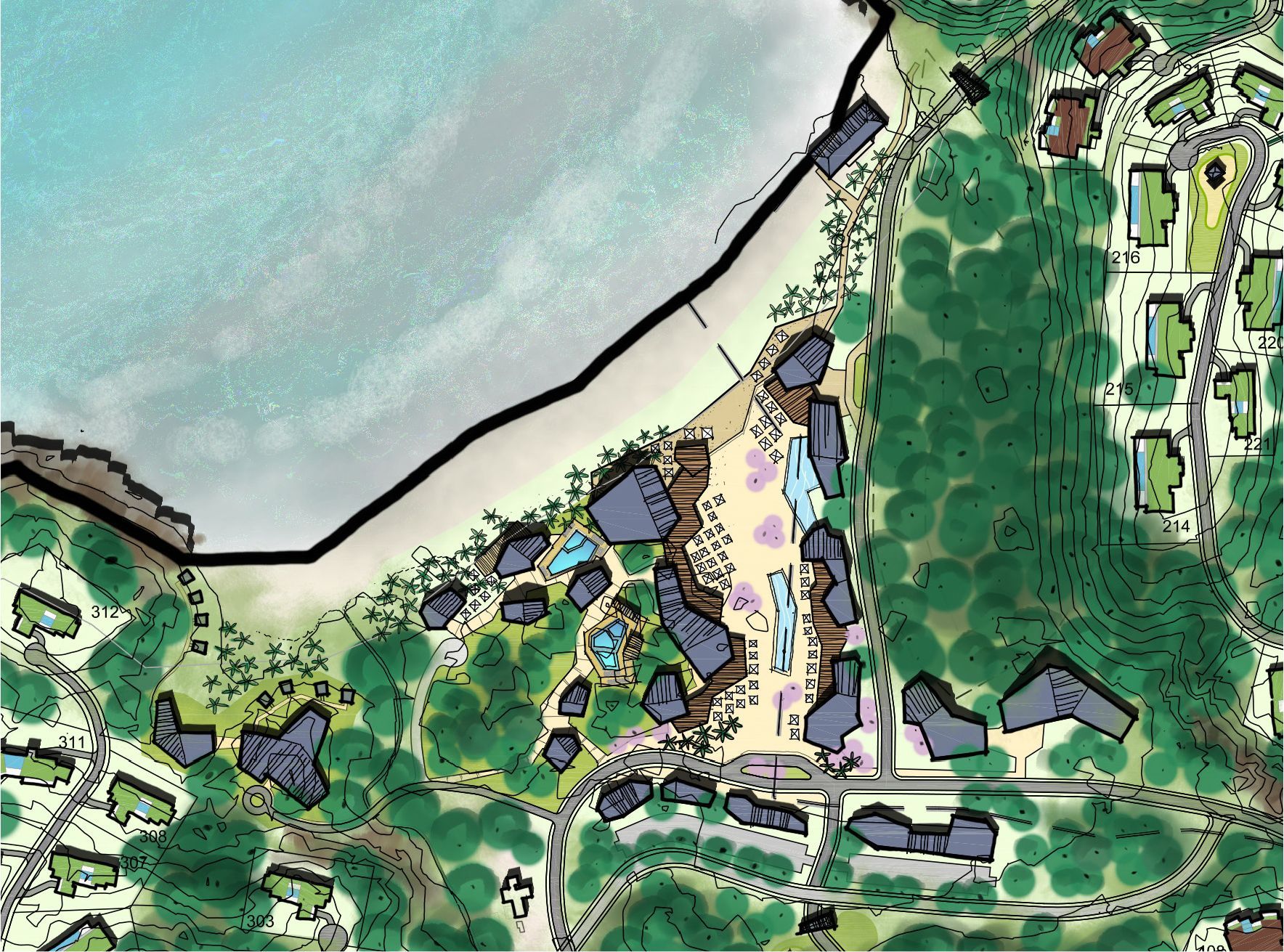 a drawing of a beach with a lot of buildings and trees