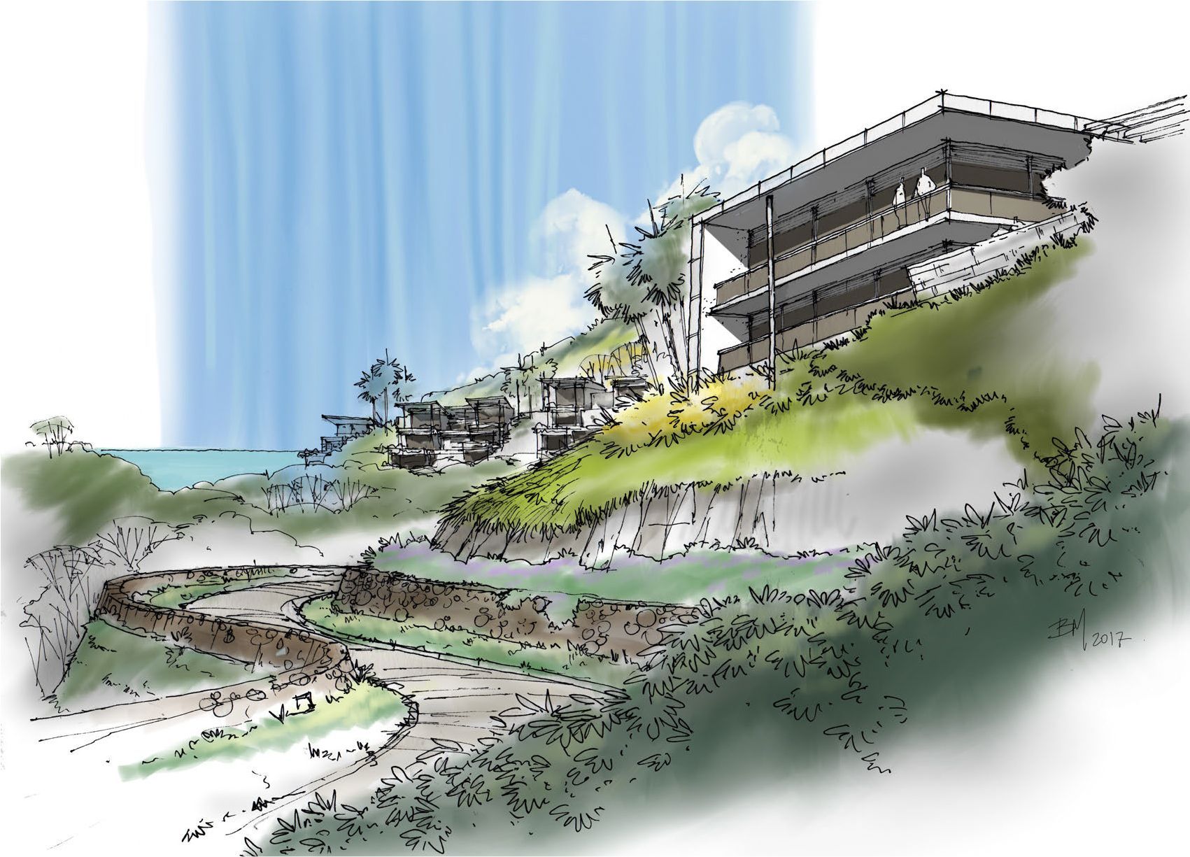 a drawing of a house on a hill overlooking the ocean