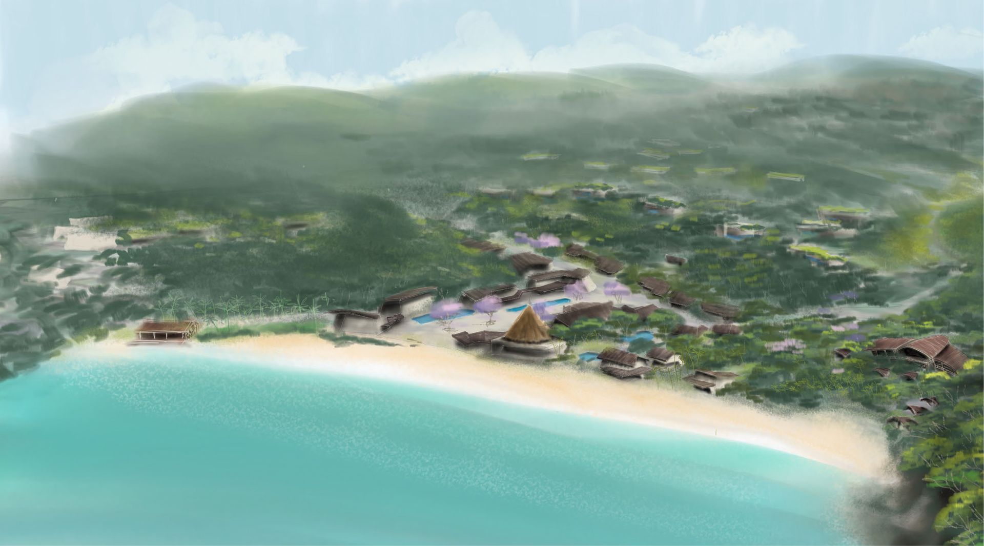 an aerial view of a tropical island with a beach and mountains in the background .