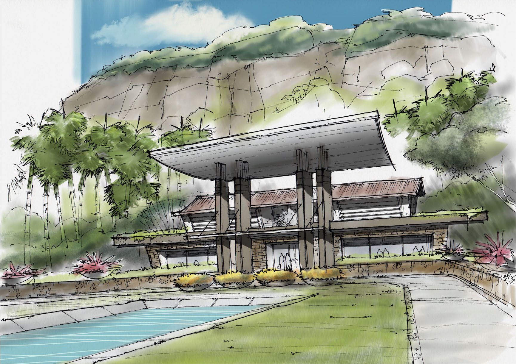 a drawing of a house with a large roof