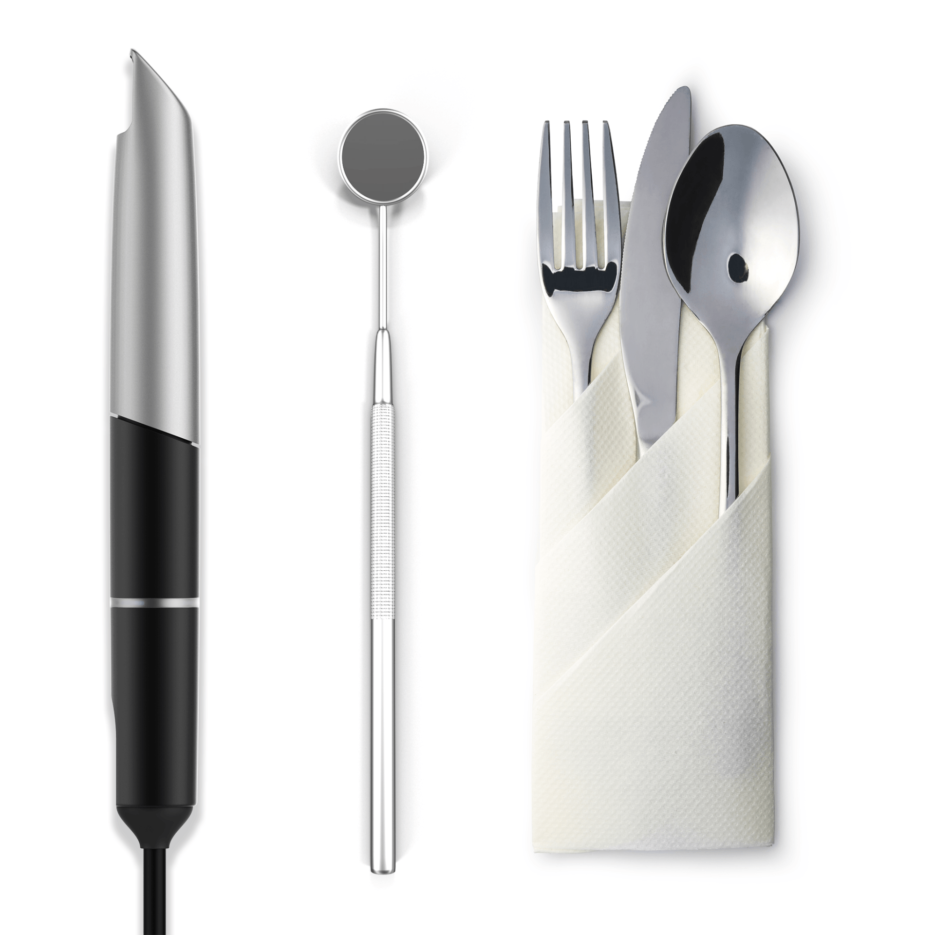 set of utensils including dental mirror and intraoral scanner