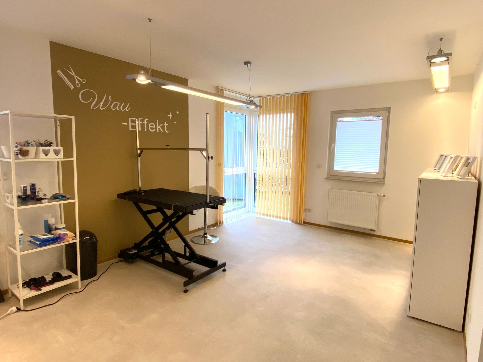 Inneneinrichtung eines Hundefriseursalons mit Trimmtisch, Regalen und Glasschiebetür.