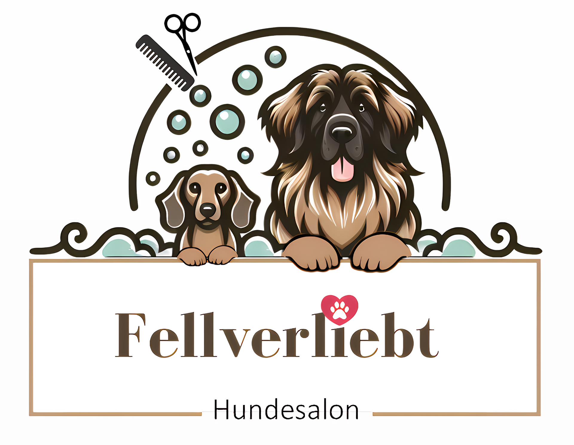 Logo mit zwei Hunden, Pflegeutensilien und dem Text