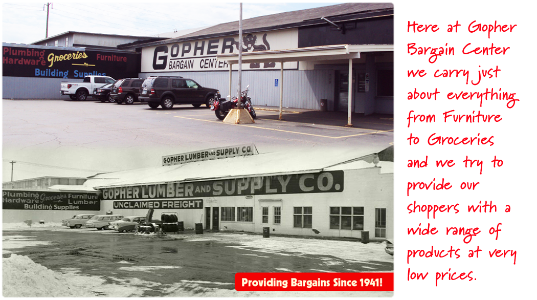 Collage of a building and storefront with red handwritten notes and a red caption bar on the right