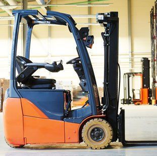 orange and blue forklift truck