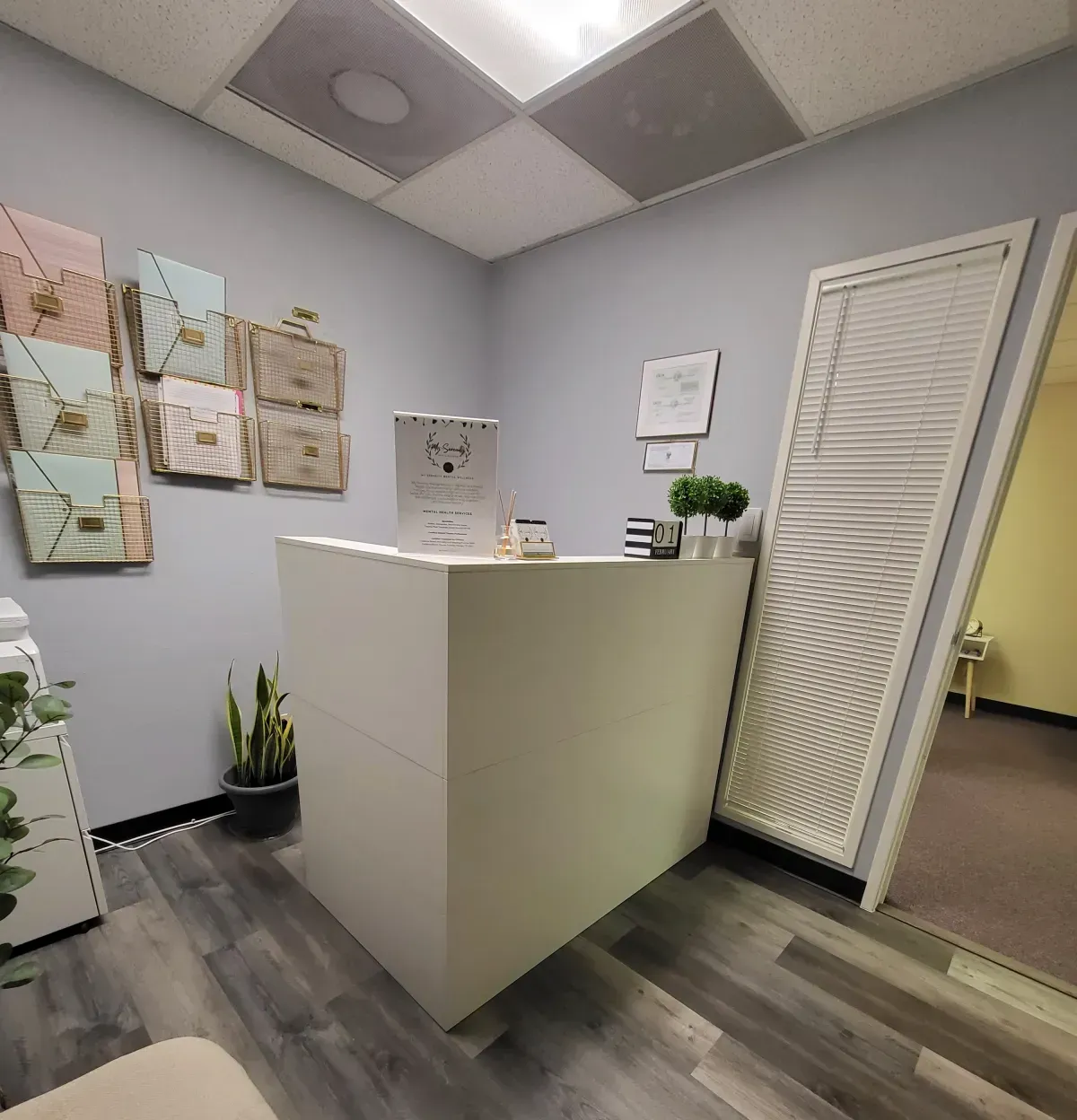 A small room with a white desk and a door.