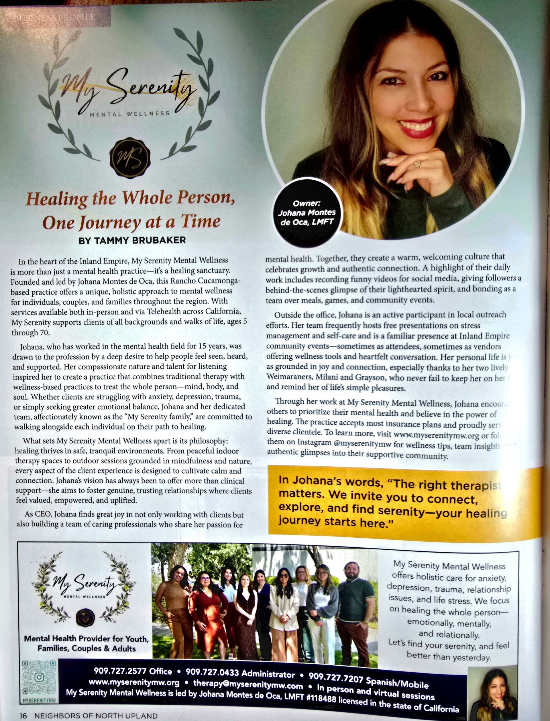 Magazine article with a woman smiling, and a group of people in an outdoor setting.