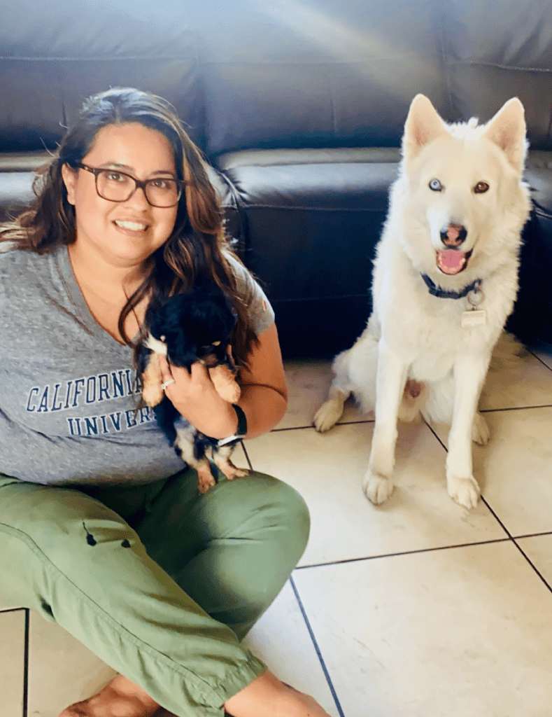 A woman is sitting on the floor holding two puppies and a white dog.