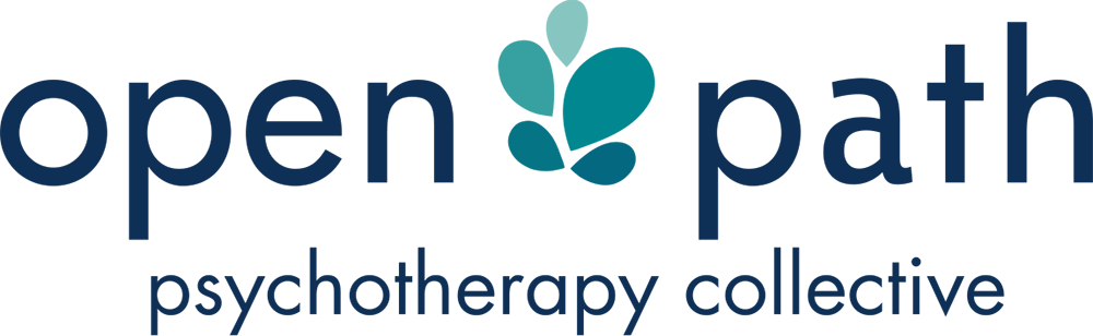 A logo for open path psychotherapy collective with a heart in the middle.