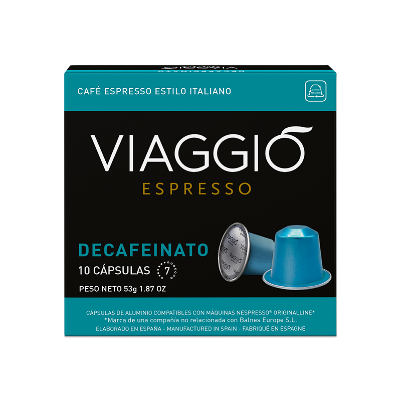 Una caja de cápsulas de café descafeinado Viaggio Espresso