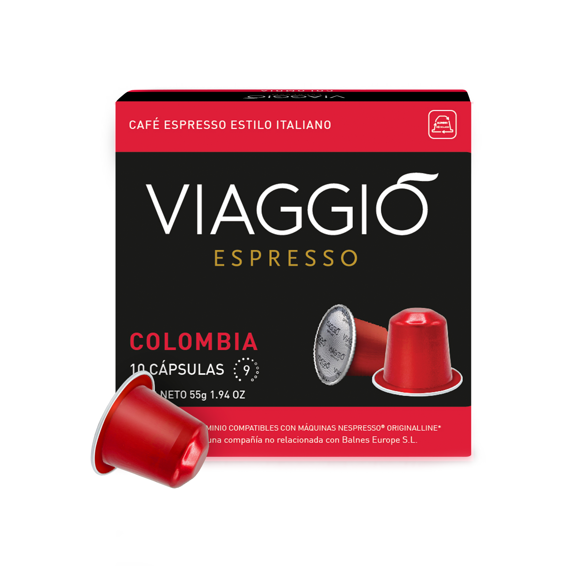 Una caja de cápsulas de café viaggio espresso colombia.