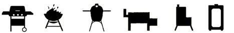 BBQ appliance icons including gas grill, charcoal grill, ceramic grill, pellet grill, smoker, electric smoker for post oak wood chips