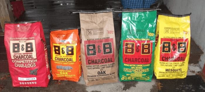 5 bags of B&B Charcoal, including Competition Char-Logs, Oak Briquets, Oak Lump, Hickory Lump and Mesquite Lump