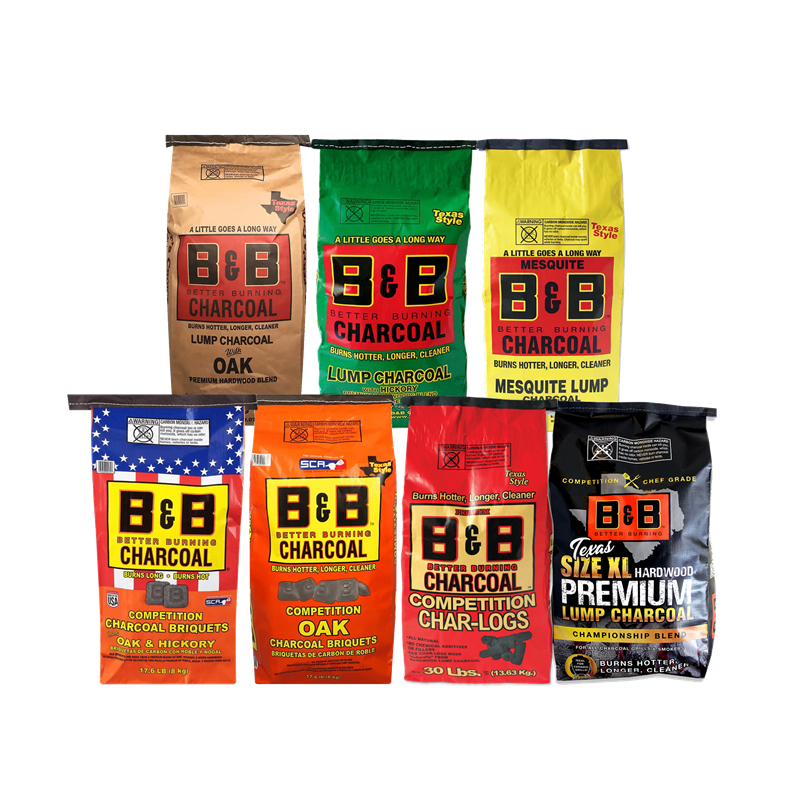 Learn more Six bags of different types of B&B Charcoal products lump charcoal, charcoal briquets, charcoal chips,