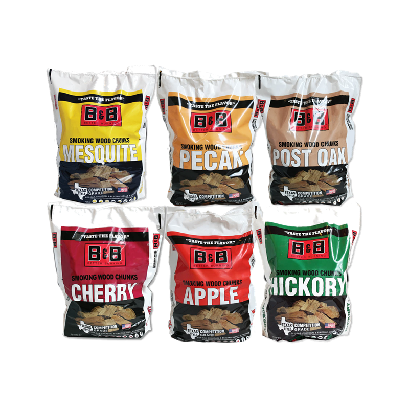 Seven bags of B&B Smoking Wood Chunks in assorted flavors