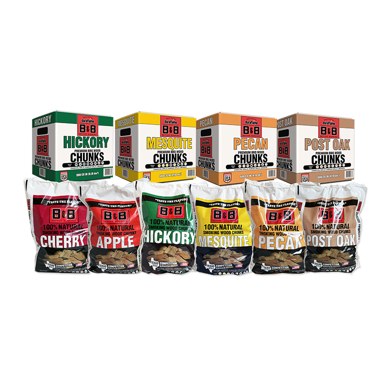 Seven bags of B&B Smoking Wood Chunks in assorted flavors