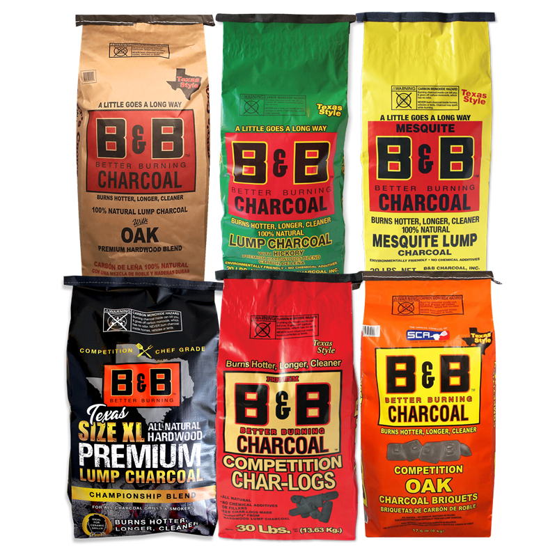 Six bags of different types of B&B Charcoal are lined up on a white background