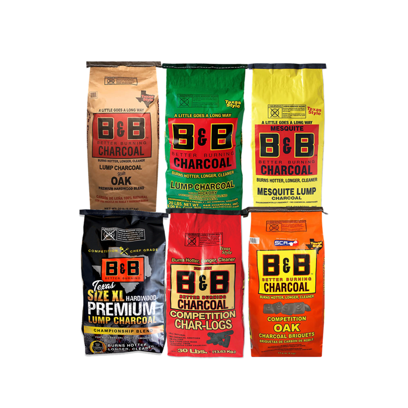 Six bags of different types of B&B Charcoal products lump charcoal, charcoal briquets, charcoal chips, 