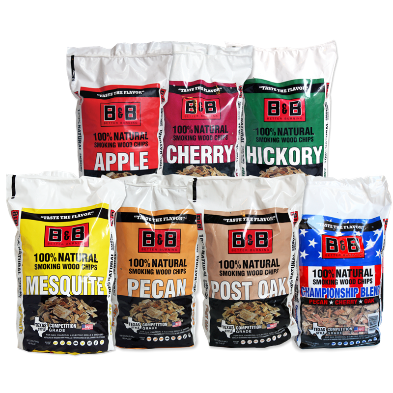 Seven bags of B&bB Smoking Wood Chips in different flavors