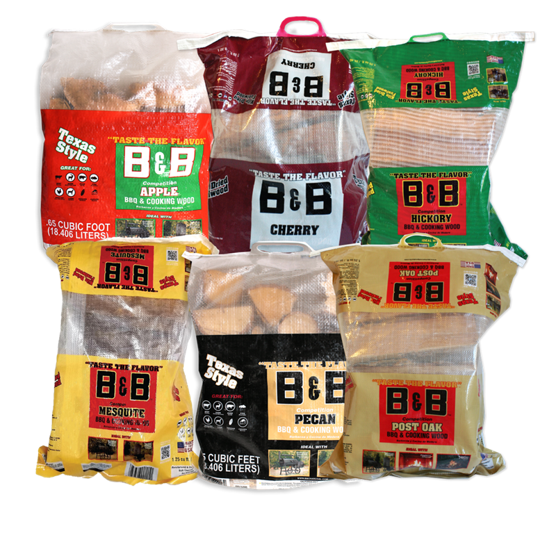 Bags of assorted B&B BBQ and Cooking Wood