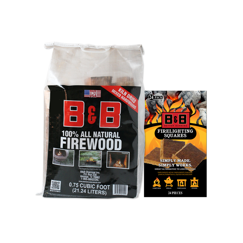 a bag of B&B firewood next to a box of B&B firelighting squares